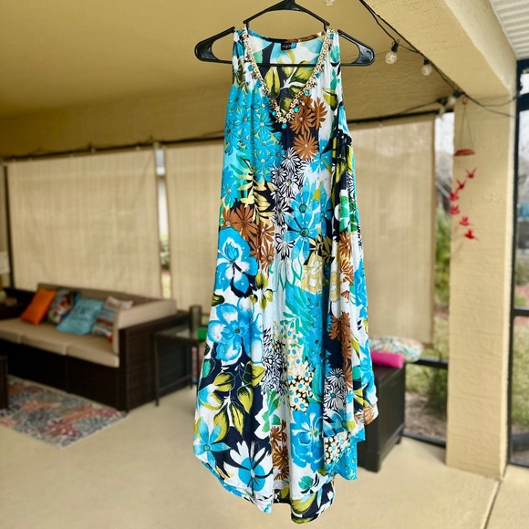 Feelings, Tropical Floral Print Beaded Flowy Maxi Dress, Boho, O/S - Picture 6 of 8